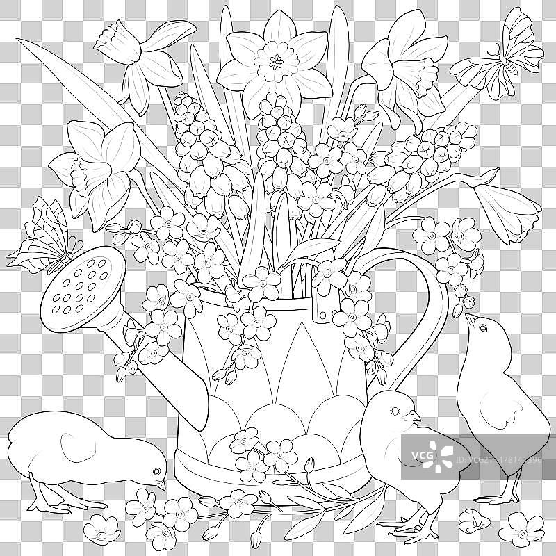 鲜花与小鸡花洒图片素材