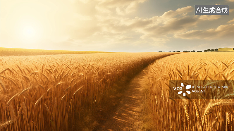 【AI数字艺术】金色麦田中的车辙，金色麦田，秋天背景，背景图片素材