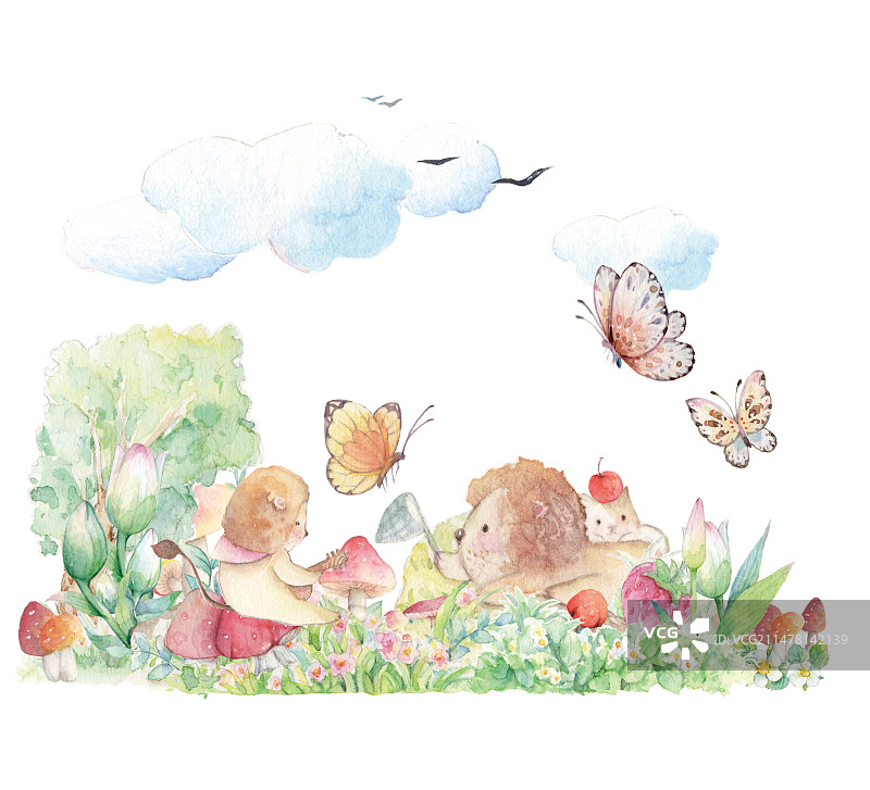水彩手绘卡通童话故事户外郊区花园丛林快乐的小狮子孩子们在玩耍抓蝴蝶和弹吉他儿童插画图片素材