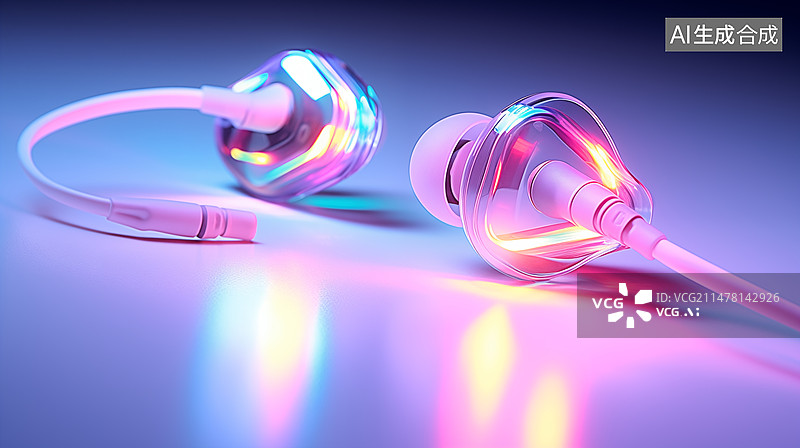 【AI数字艺术】彩色背景下的入耳式耳机特写镜头图片素材