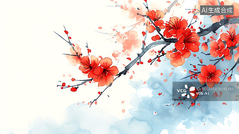【AI数字艺术】盛开的梅花花枝，水墨风手绘水彩插画素材图片素材