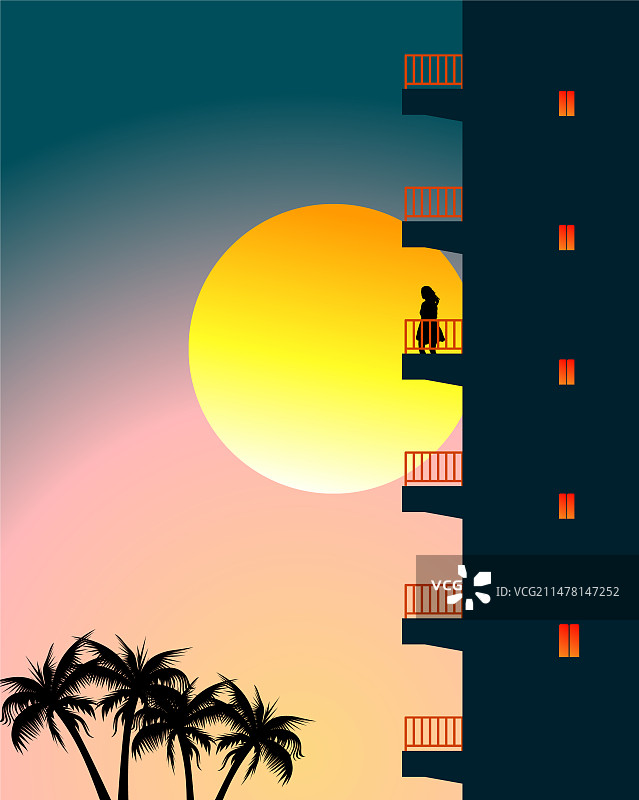 女孩站在海滩阳台上看日落图片素材