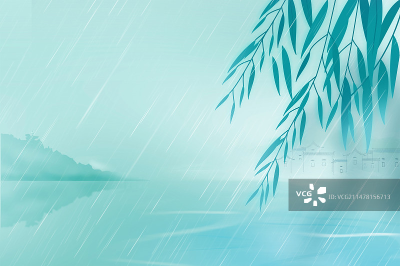 中国风二十四节气系列插画-春天 户外风景雨天的山水垂柳画 运动模糊背景 绿色小清新插画 横版图片素材