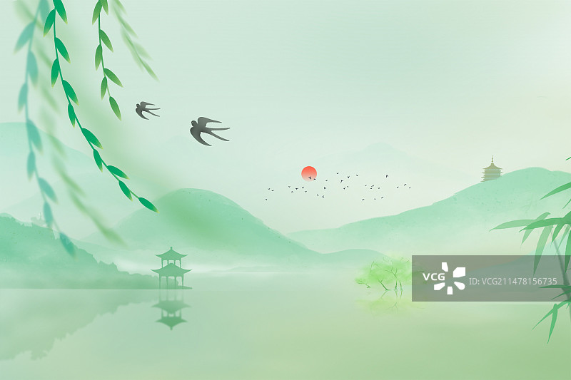 中国风二十四节气系列插画-春天 户外风景山水垂柳画 运动模糊背景 绿色小清新插画 横版图片素材