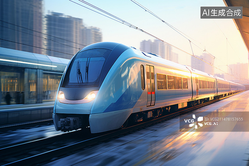 【AI数字艺术】城市中行驶的火车特写图片素材
