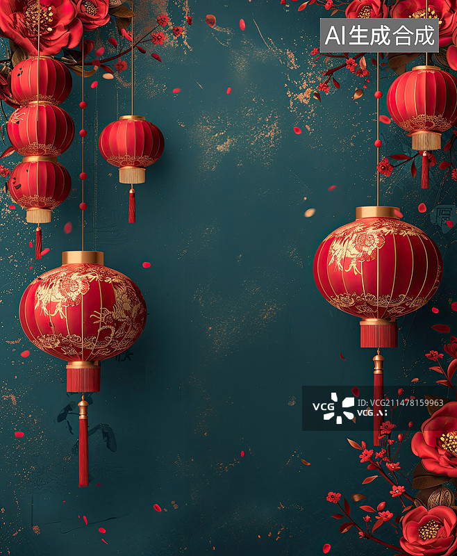 【AI数字艺术】春节背景下的红色灯笼装饰图片素材