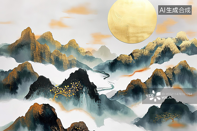 【AI数字艺术】洒金画法的朝霞中国水墨山水画图片素材