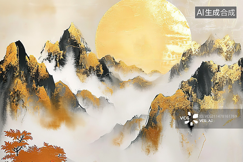 【AI数字艺术】洒金画法的朝霞中国水墨山水画图片素材