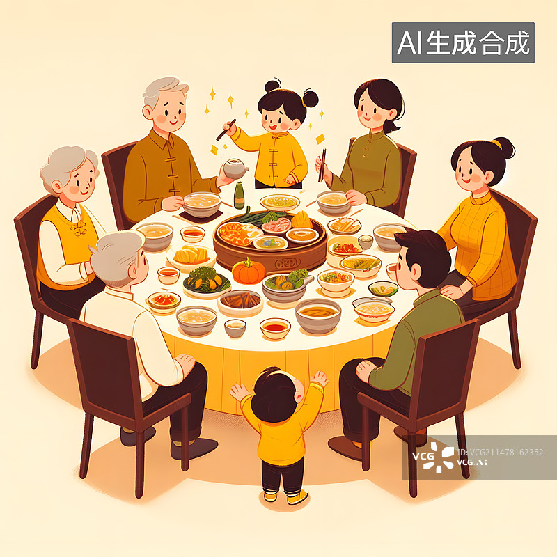【AI数字艺术】家人吃团圆饭插画图片素材
