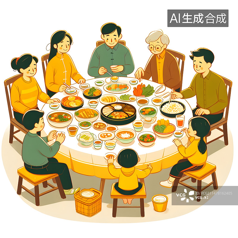 【AI数字艺术】家人吃团圆饭插画图片素材