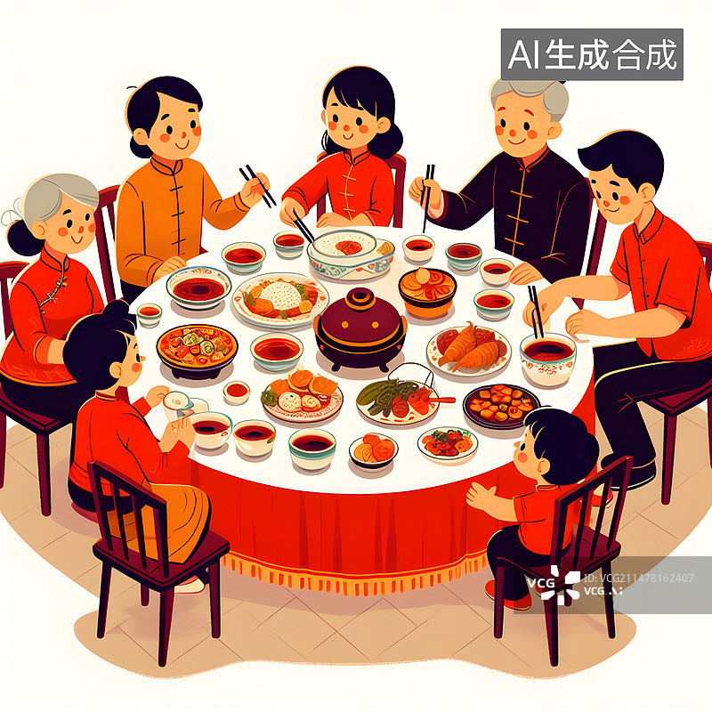 【AI数字艺术】家人吃团圆饭插画图片素材