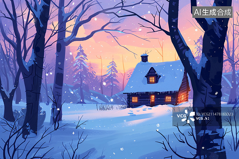 【AI数字艺术】大雪节气插画，冬季下雪雪景自然户外森林房屋场景海报插图图片素材
