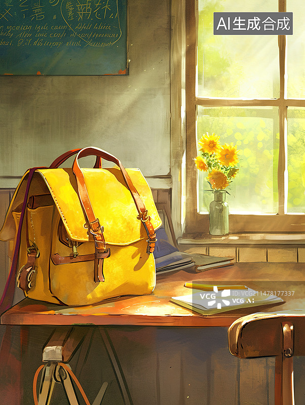 【AI数字艺术】开学季一个书包放在教室的桌子上图片素材