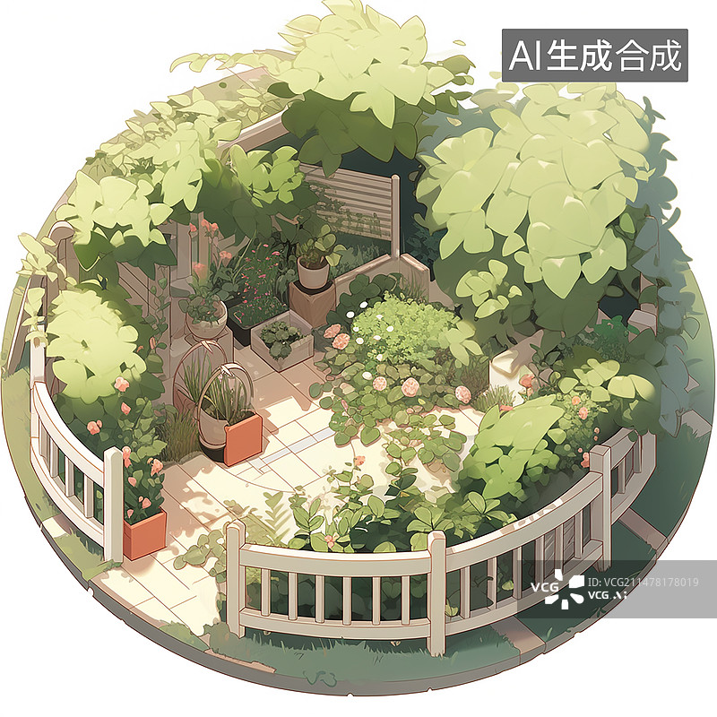 【AI数字艺术】2.5D花园院子植物场景插画图片素材