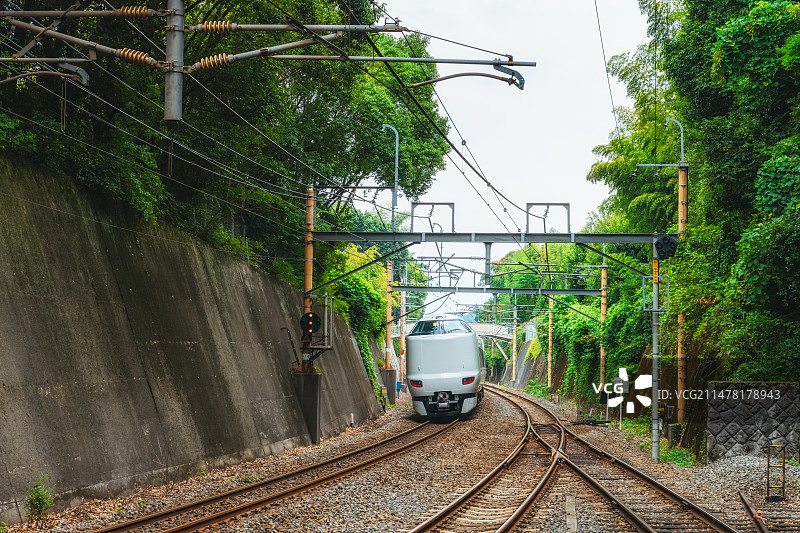 日本京都行驶中的火车、新干线列车夏季风光图片素材