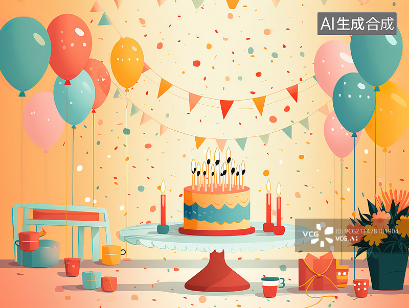 【AI数字艺术】生日蛋糕和气球生日庆祝主题插图图片素材
