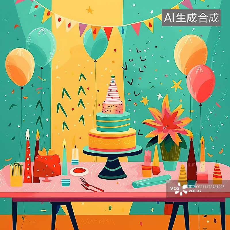 【AI数字艺术】生日蛋糕和气球生日庆祝主题插图图片素材