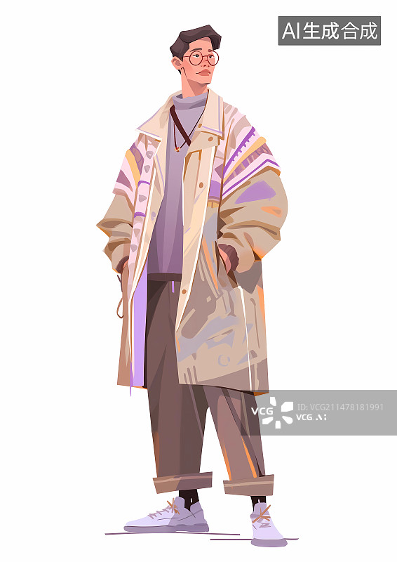 【AI数字艺术】戴着眼镜穿着时尚的男士学生背包的扁平插画图片素材