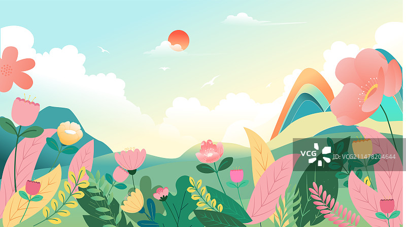 矢量二十四节气系列插画-春天  开满鲜花的户外风光  绿色小清新插画横版图片素材