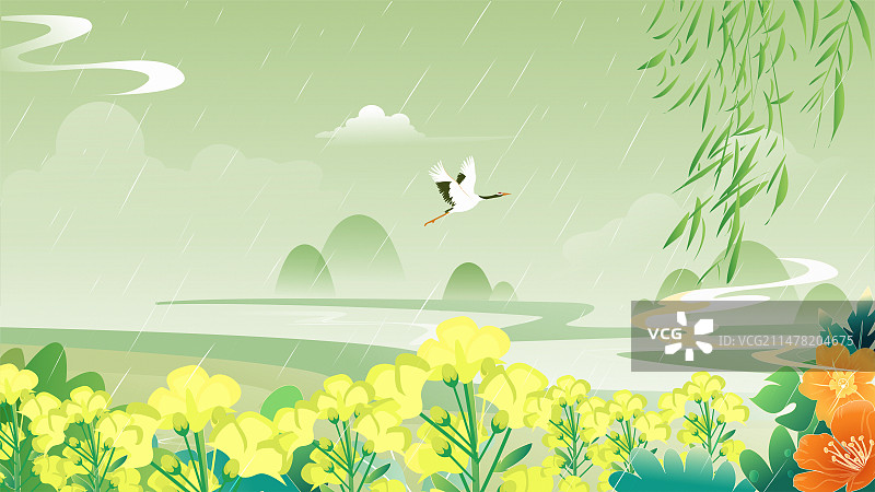矢量二十四节气系列插画-春天 下雨时的户外油菜花田园风景 绿色小清新插画横版图片素材