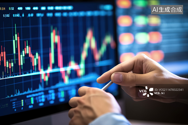 【AI数字艺术】商人手查看股票大屏幕上的K线图图片素材