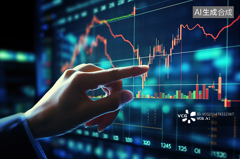 【AI数字艺术】商人手指着股票大屏幕上的K线图图片素材