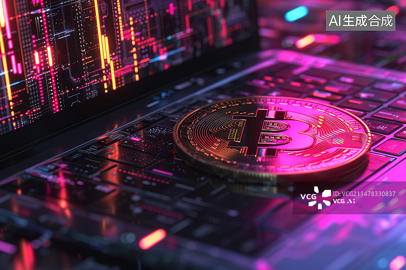 【AI数字艺术】科技背景下的笔记本电脑键盘和比特币图片素材