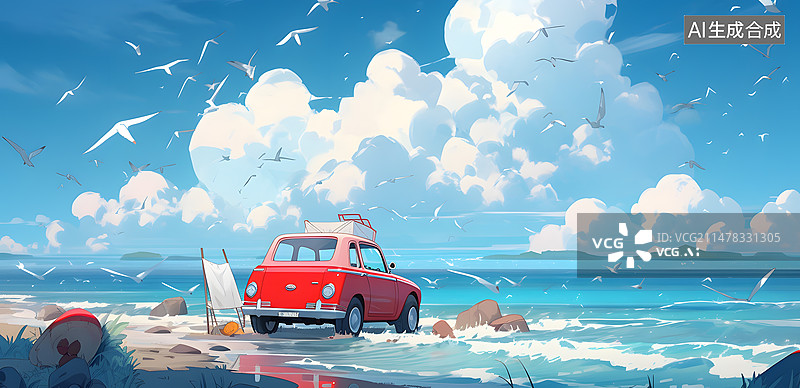 【AI数字艺术】海边旅游插画图片素材