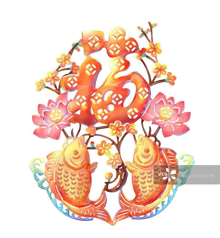 国潮风双鱼送福插画图片素材