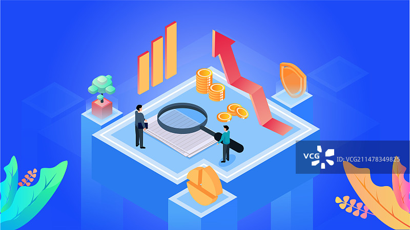 2.5d金融人物拿放大镜观察金融储蓄货币插画蓝色图片素材