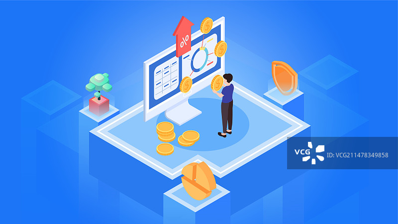 金融理财互联网人物拿金币分析数据插画红金图片素材