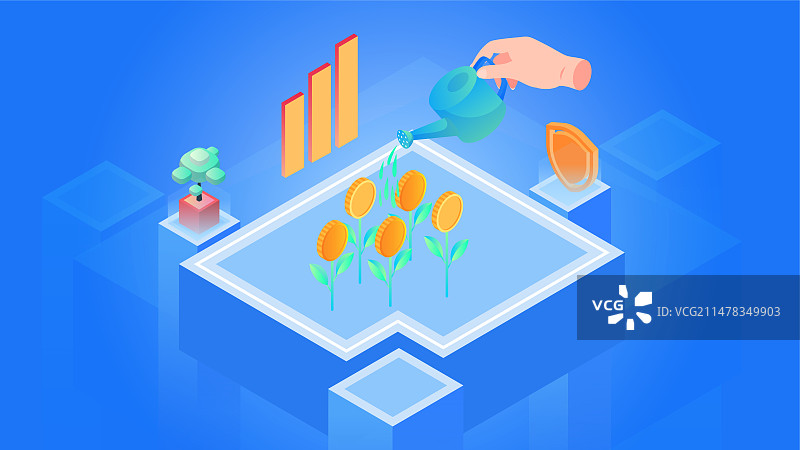 商人正在浇灌比特币树2.5d插画蓝色图片素材