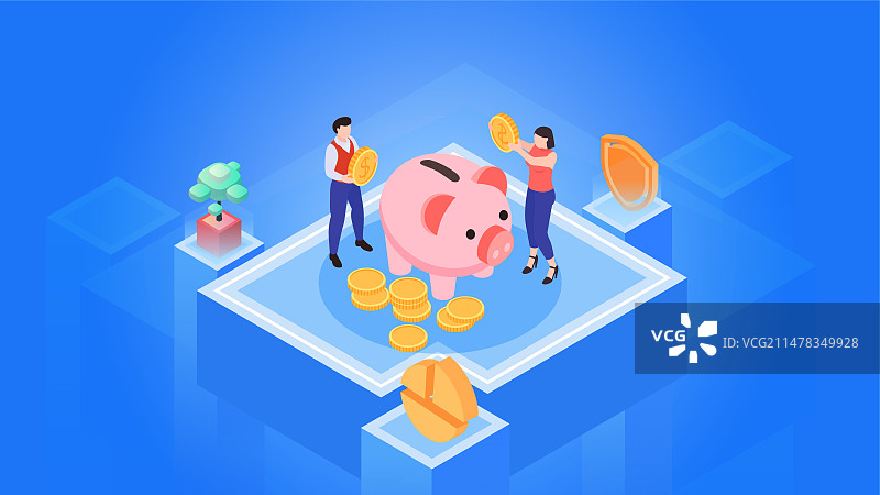 存钱罐，财务分析和投资蓝色图片素材