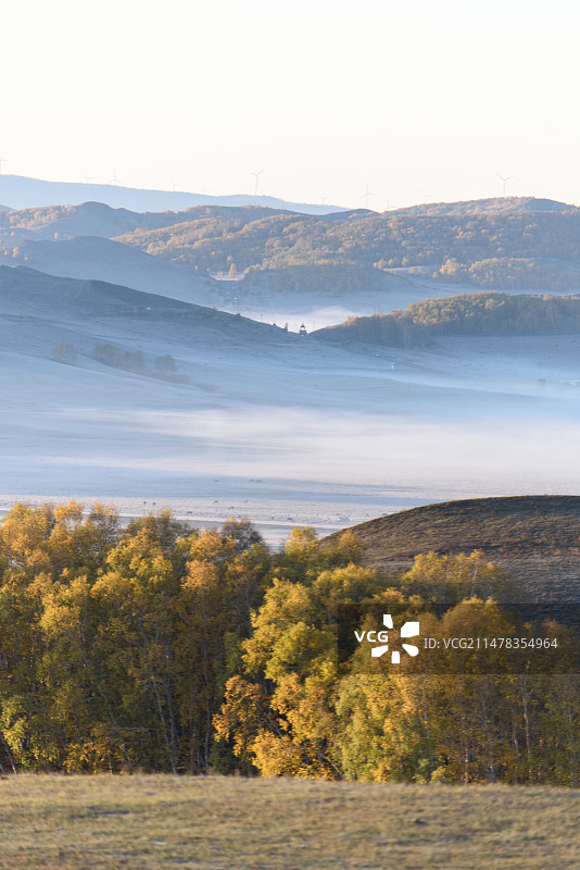 乌兰布统草原秋天的日出与晨雾图片素材