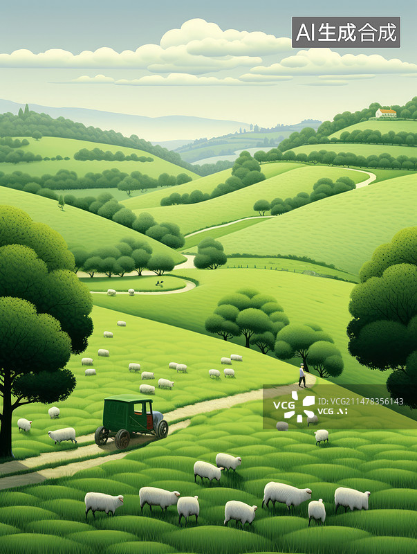 【AI数字艺术】绿色草地上的农业和羊图片素材