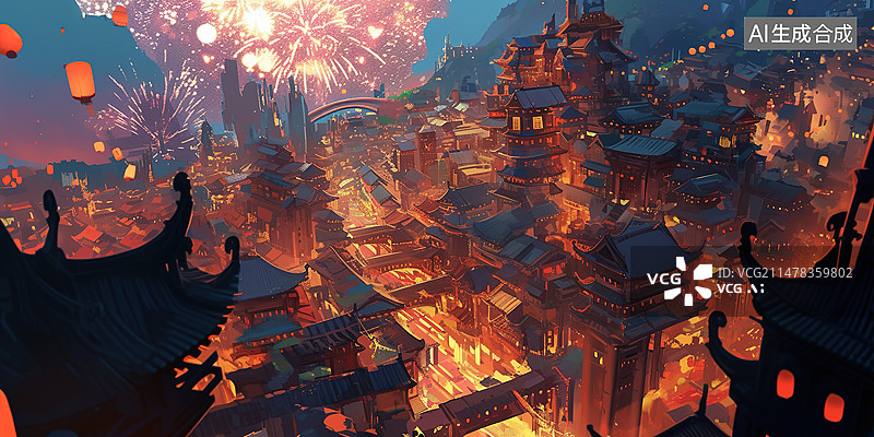 【AI数字艺术】大唐不夜城插画图片素材