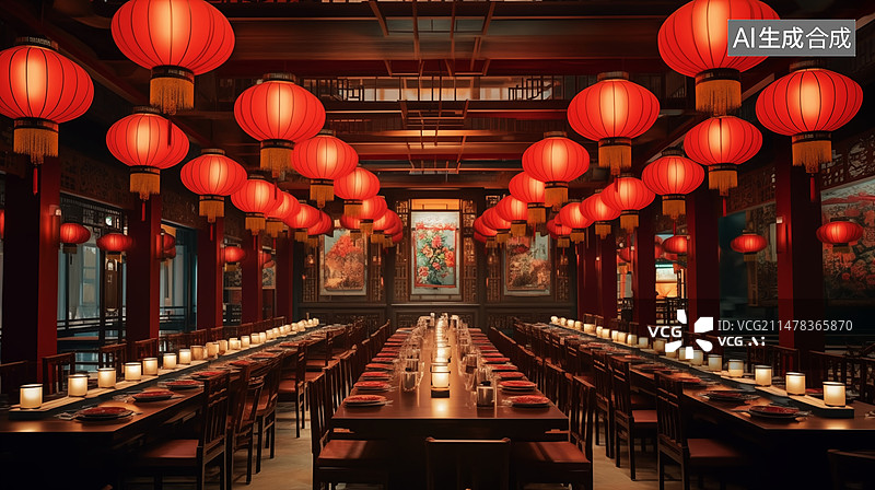 【AI数字艺术】中式酒店餐厅内部环境空间图片素材