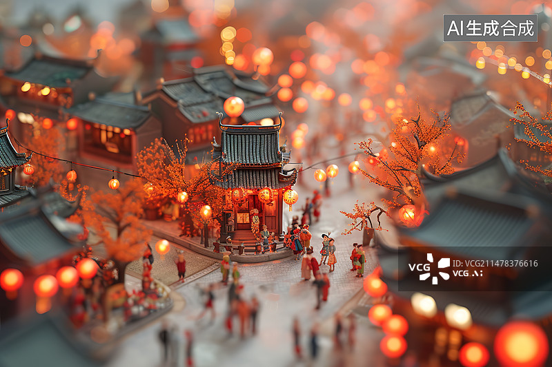 【AI数字艺术】春节期间张灯结彩的中国风小镇微缩模型图片素材