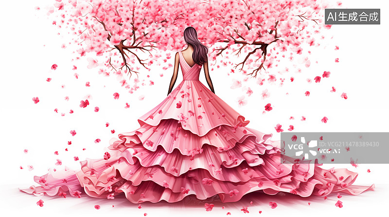 【AI数字艺术】春天樱花时装模特艺术设计插画图片素材