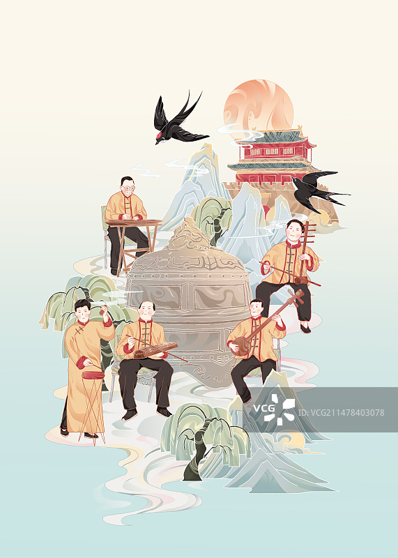 北京密云城市春天庙钟鼓楼五音大鼓插画图片素材