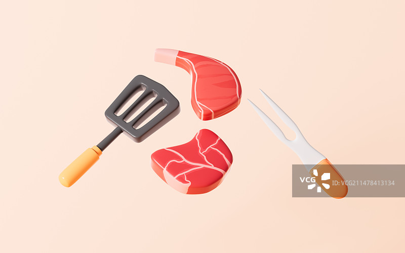 卡通烧烤工具及肉类模型3D渲染图片素材