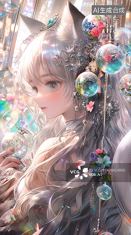 【AI数字艺术】带着猫耳朵的女孩插画图片素材