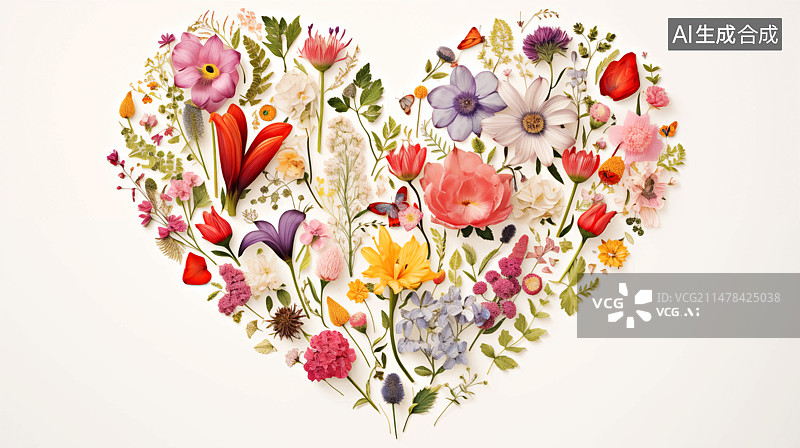【AI数字艺术】春天的鲜花摆放的爱心形图案艺术设计插画图片素材
