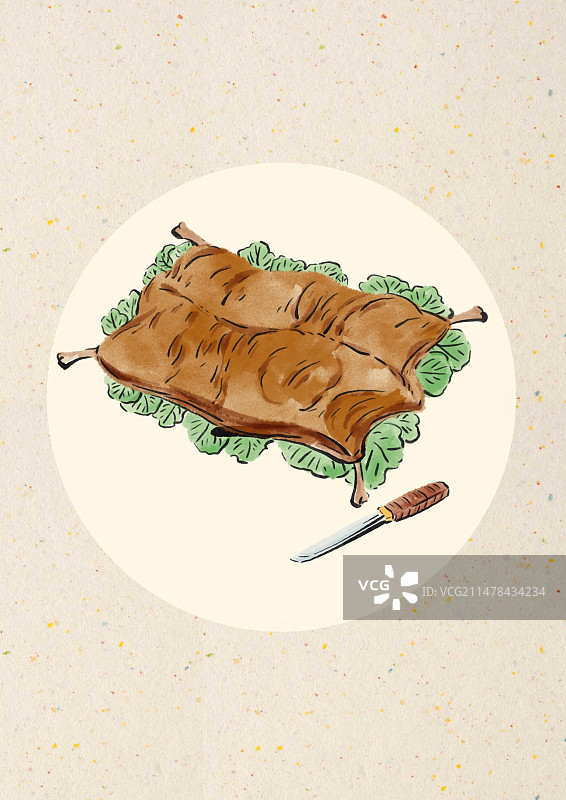 水墨风新疆美食插画-烤全羊图片素材