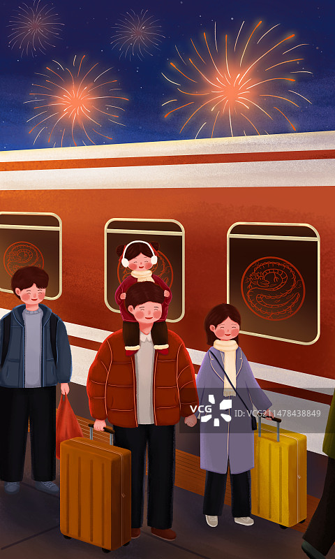 红色春运一家三口火车站回家过年图片素材