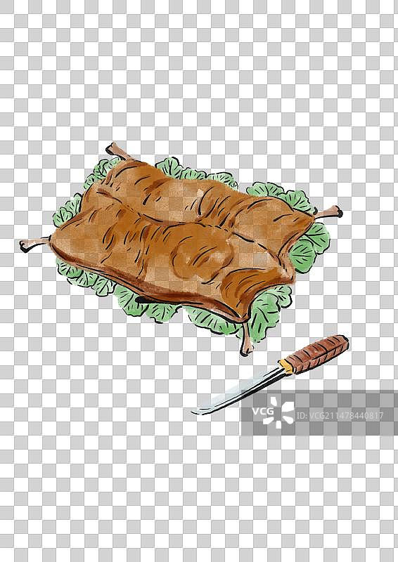 水墨风新疆美食插画元素-烤全羊图片素材