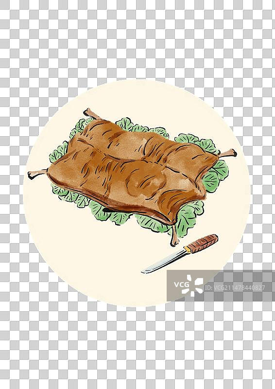水墨风新疆美食插画元素-烤全羊图片素材