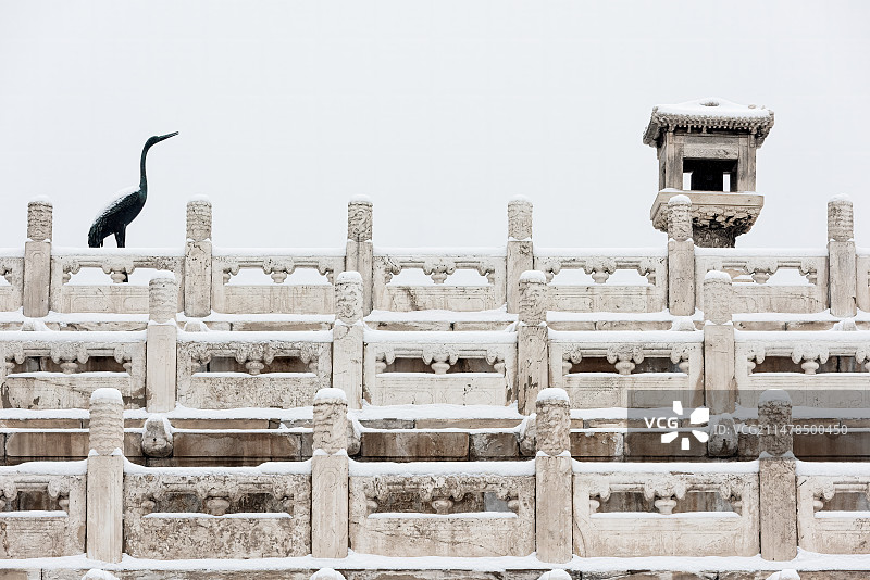 大雪纷飞故宫太和殿铜鹤和汉白玉嘉量图片素材
