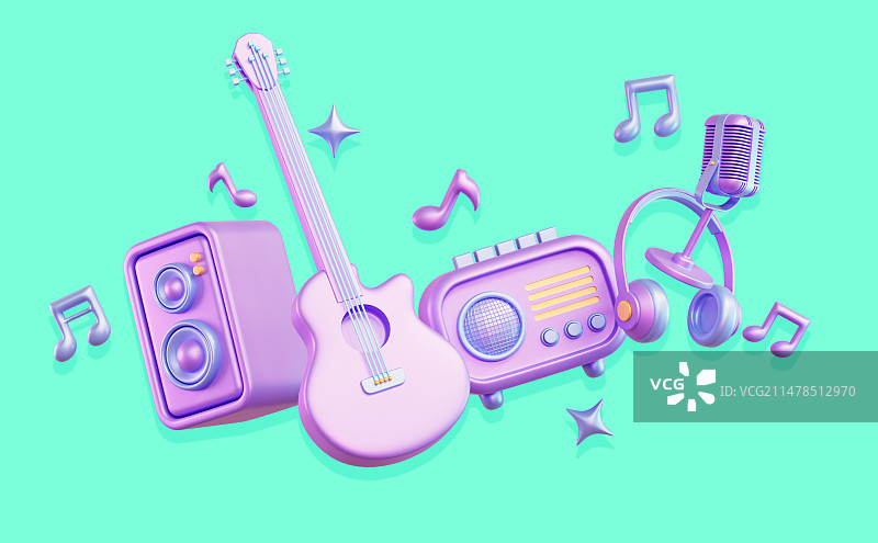 3D渲染的卡通立体音乐乐器洗演唱会音乐节元素插画图片素材