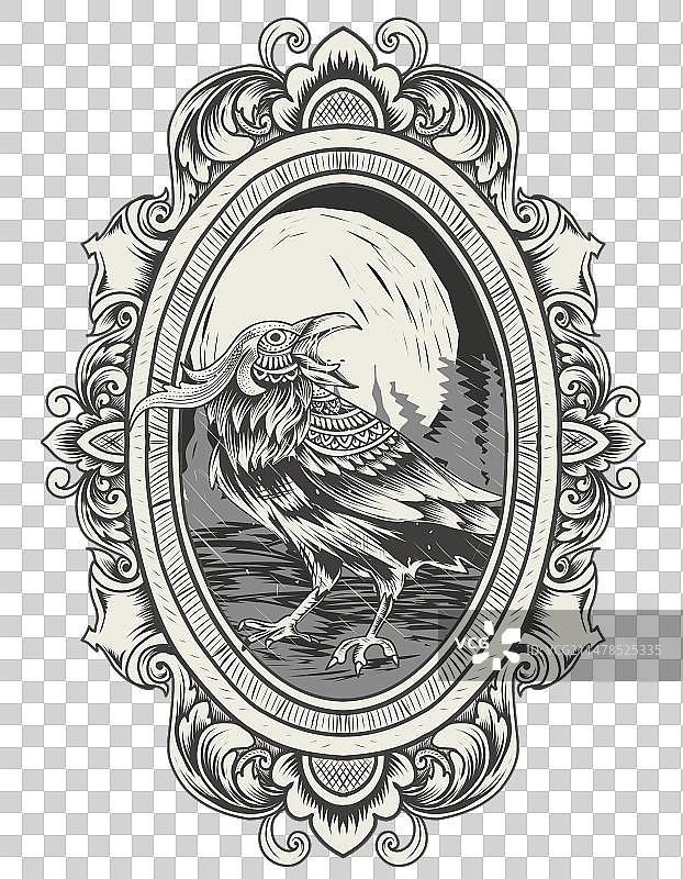 带有复古雕刻装饰的乌鸦图片素材